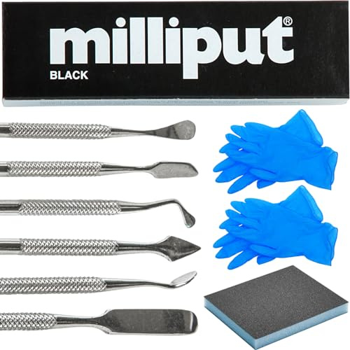 Milliput Lot de 10 mastic époxy version noire – avec outils de sculpture, tampon de ponçage et gants – Argile de plombier en plastique moulé à l'air libre – Kit de réparation de copeaux de carrelage