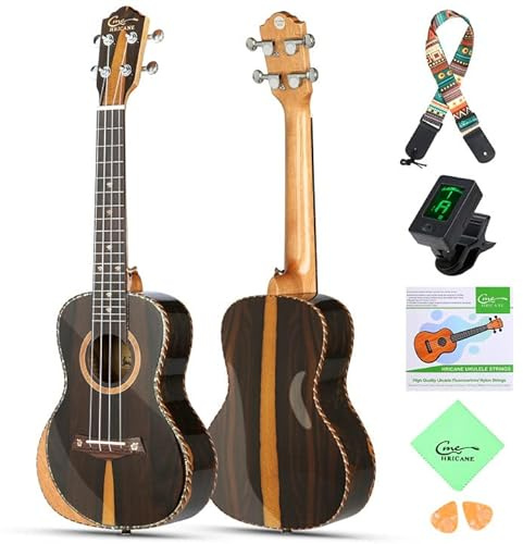 Hricane Ukulele da concerto da 58,4 cm, UKS-2, 4 corde per principianti, ukulele hawaiano sapele con custodia e set di corde per ukulele (Ziricote lucido)