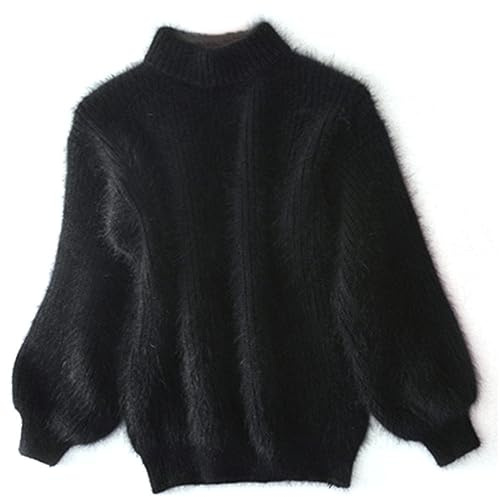 CHUSHEN Maglione casual da donna a maglia Cable, maniche lunghe, girocollo, tinta unita, pullover chunky, maglione in cashmere, morbido, tinta unita, maglione vintage in angora per donna (nero, taglia