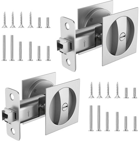 HEYLEAYAR Lot de 2 serrures de porte carrées pour lit/salle de bain, verrou de porte coulissant, matériel invisible pour porte de 3,5 cm à 6,3 cm d'épaisseur, argenté