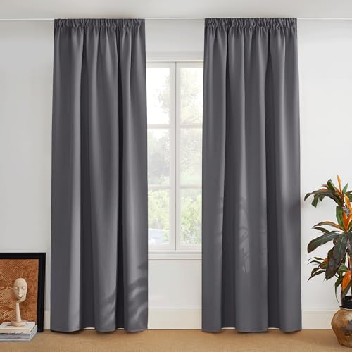 PONY DANCE Wohnzimmer Gardinen mit Kräuselband Vorhang Blickdicht Grau | 2er Set, H 220 x B 140 cm, Verdunklungsvorhänge, für Schienensystem, Hitzeschutz, Übergardinen, Blackout Curtains