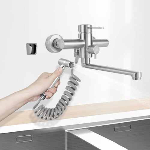 Rubinetto da cucina a parete, girevole a 360°, in acciaio inox, con pistola a spruzzo, a freddo e caldo, rubinetto da cucina, montaggio a parete, tubo girevole da 23 cm, a bassa pressione, rubinetto