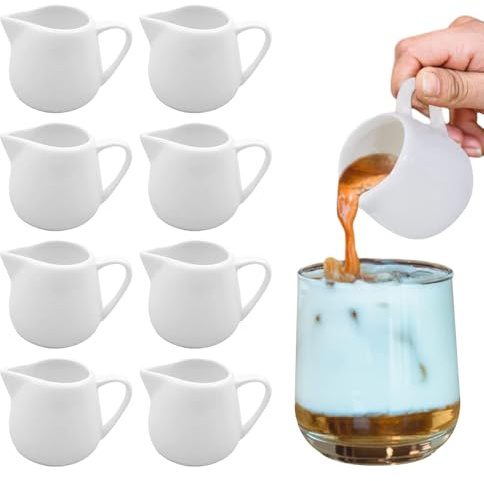 Gobesty Small Milk Jug, 8PCS White Ceramic Milk Jug, 100ML Small Gravy Jugs with Handle, Mini Creamer Jugs Milk Creamer Pitcher Sauce Cup for Coffee, Sauce, and Custard Pouring