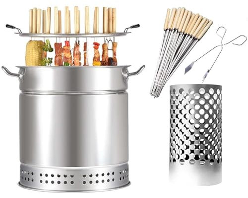 KUOYTT Estufa Colgante para Barbacoa Vertical, Parrilla de Barril para ahumador de carbón sin Humo, Horno Dividido de Acero Inoxidable, asado en 360°, Parrilla para Barbacoa de Camping, 0