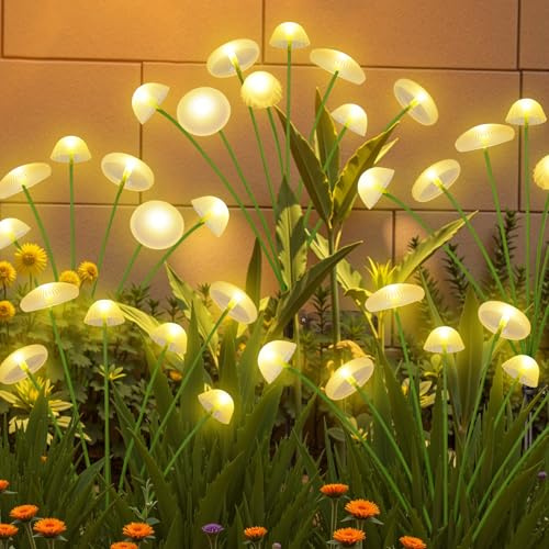 2PK 16LED Solar Garden Lights Outdoor, Mushroom Solar Lights Outdoor, IP65 Waterproof Firefly Light Outside Decor for Patio Pathway, Sway by Wind for Pathway Garden Mushroom Decorations, Warm White