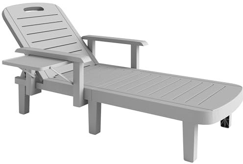 Outsunny Sonnenliege Gartenliege mit Seitentisch Holzoptik Liegestuhl mit 5-Fach verstellbare Rückenlehne, wetterfeste Campingliege, Gartenstuhl bis 120 kg belast, für Garten Outdoor Strand, Hellgrau