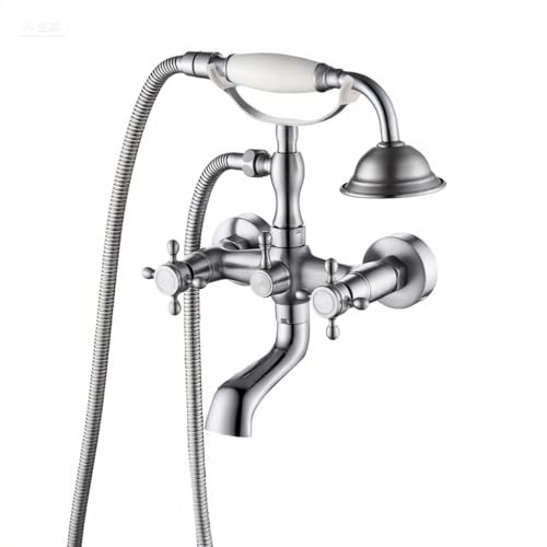 Clawfoot Tub Faucet with Hand Held Bathtub Faucet, Tub Shower Kit Victorian Double Cross Handle, 6 Inch Center Adjustable Swing Arms Tub Mount Short Adapter Antique Brass (Brushed Nickel)
