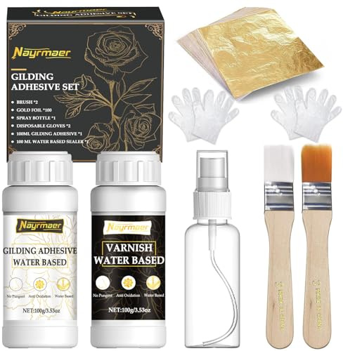 Gold Leaf Kit, Gilding Adhesive Set, Water Based Adhesive and Varnish with Gold Leaf Sheet 100 Pcs for Craft, Painting and Arts