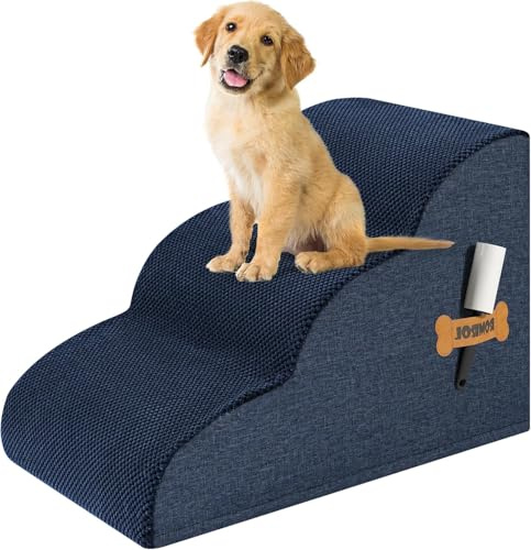 ROMROL Hundetreppe 3 Stufen – rutschfeste Haustiertreppe für kleine Hunde & Katzen – Waschbarer Bezug, Hochdichter Memory-Schaum – Weiche Einstiegshilfe für Sofa & Bett – Gelenkschonend, Marine
