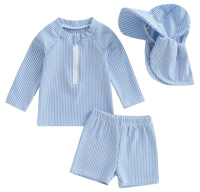 BeliBacca Baby Boy Rash Guard Set Striped Shirt Shorts Hat Swimsuit Set | Toddler Boy Rash Guard Set Stripe Print Long Sleeve Zip Up Shirt Swim Truck Hat 3pcs Infant Swimsuit Boy Newborn Bathing Suit