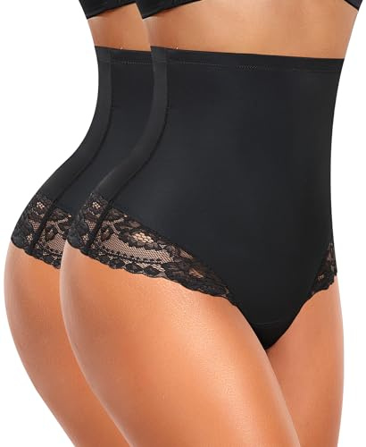 YARRCO Bauchweg Unterhose Damen Miederslips Spitze String Slips Tanga Shapewear Body Shaper Miederhose Formende Unterwäsche (Schwarz+Schwarz, S)