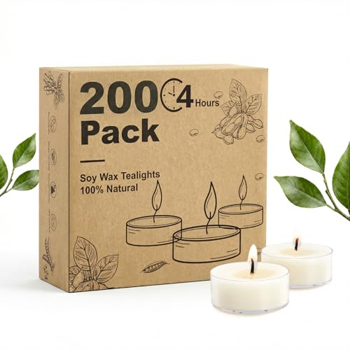 Hypmis bougies chauffe-plat en cire de soja naturelle, 200 pièces, 4 h de combustion, blanches non parfumées, sans fumée ni suie – Noël, mariage, ambiance cosy
