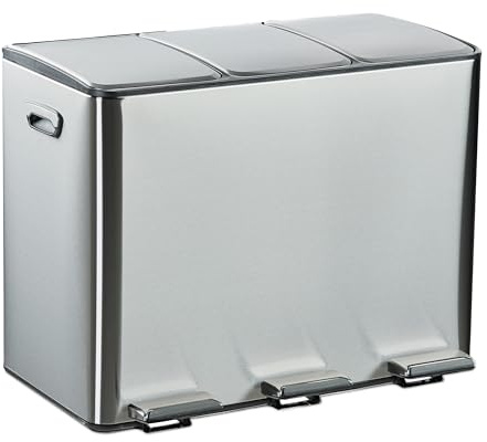 Relaxdays Cubo Basura Triple, Papelera 3 Compartimentos 15 L Cada uno, Botes Interiores Extraíbles, con Pedal, Plateado, 90% Acero Inoxidable 10% plástico