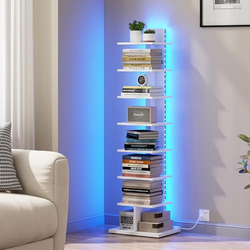 TUTOTAK Narrow Bookshelf, 8-Tier Bookcase with LED Lights, Spine Book Shelf for Small Space, Corner Standing Shelf for Living Room, Office, Study, Entryway, White BS06BW008L
