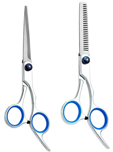 2 Pcs Dog Grooming Scissors Kit, Professional Dog Thinning Scissors with Safety Round Tip, 6 Inch Stainless Steel Pet Grooming Trimmer Kit, for Dogs and Cats Pets Salon Barber(Blue, 2in1)