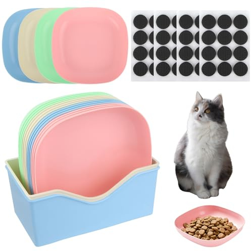 12 Stück Katzennapf, Futternapf Katze in 4 Farben mit 2 Passende Basen | Anti-Rutsch Pads, Katzenschüssel, Futternapf Katze, Katzenteller, Katzen Napfset für Kätzchen und Kurzbeinige Katzen
