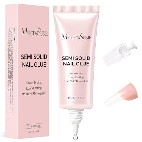 MelodySusie Super Strong Nail Glue, Semi Solid Nail Glue Press On Nails, Quick Drying, No UV Lamp Needed, Long Lasting, Nail Glues DIY Home Salon Manicure 15ml