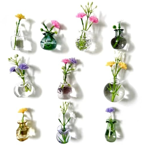 Otbushit Magnetisk blomvas för kylskåp, 10-pack mini magnetiska vaser med konstgjorda blommor, söta kylskåpsmagneter för hem kontor köksdekoration