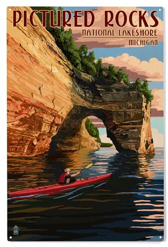 Lantern Press 10x15 Inch Wood Sign, Ready to Hang Wall Decor, Pictured Rocks, Michigan, Kayaker
