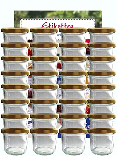 hocz 25x Marmeladengläser 125 ml Set | Deckel Gold TO 66 | mit Etiketten NZ | Einmachgläser mit Schraubdeckel zum befüllen | Sturzgläser für Marmelade Schraubgläser | leere Gläser | 25 Stück