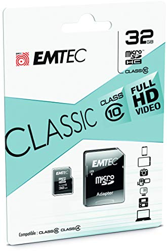 EMTEC, ECMSDM32GHC10CG, Carte microSD 32 Go Classe 10, idéale pour smartphones et tablettes, vitesse de lecture jusqu'à 20 MB/s, écriture jusqu'à 12 MB/s, Couleur noire