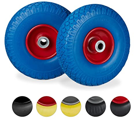Relaxdays 2 x Sackkarrenrad, pannensichere Vollgummireifen, 3.00-4 Stahlfelge, 20mm Achse, 100kg, Ersatzrad 260 x 85 mm, blau-rot
