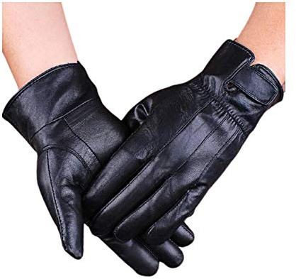 Diffusion män äkta läderhandskar vinter fleece fodrad mjuk körning svart rem fästning termiska handskar, Svart, L