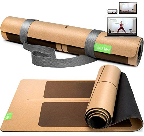BACKLAXX ® Yogamatte Kork mit Naturkautschuk - FAZ Testsieger 11/2025 - Yoga Matte nachhaltig, schadstofffrei, Yogamatte rutschfest, Fitnessmatte mit Anti-Rutsch-Zonen inkl. Tragegurt, Turnmatte