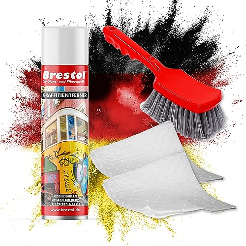 BRESTOL® GRAFFITI ENTFERNER 400 ml Spray SET - inkl. Chemikalienbindevlies & Bürste - Graffitilöser Farbabbeizer Farblöser Farbentferner Lackentferner Lacklöser Lasurlöser Abbeizmittel Abbeizer