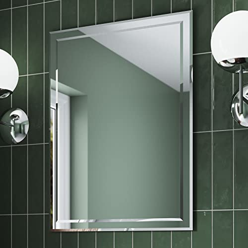Pebble Grey Bathroom Mirror Bevelled Edge 600x800mm – Isla Wall Mounted Rectangular Wall Mirror for Bathroom, Bedroom or Hallway, Flexible Mount Metal Frame for Contemporary Interiors and Daily Use