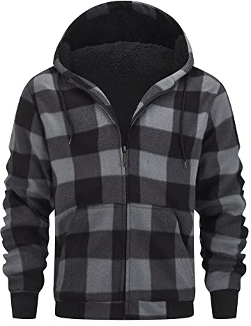 geeksport Men's Fleece Jacket Men Hoodie Full Zip Fleece for Man Sweatshirt Plaid Flannel Warm Winter Coat with Hood Dark Grey XL
