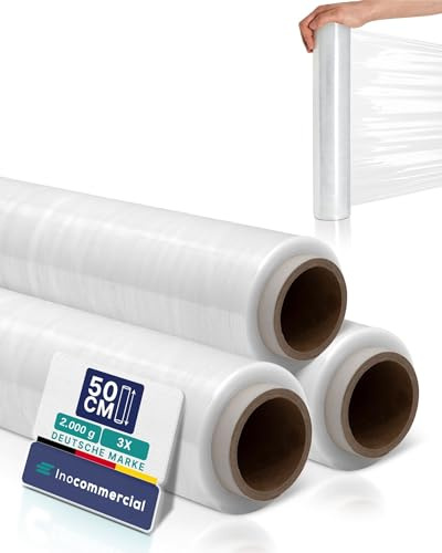 Inoverse Stretchfolie transparent blöjfilm, film för möbler och flyg, pallfolie, handstretchfolie, förpackningsfolie på rulle, stretchfolierulle, förpackningsmaterial, 50 cm/2 kg, 3 rullar