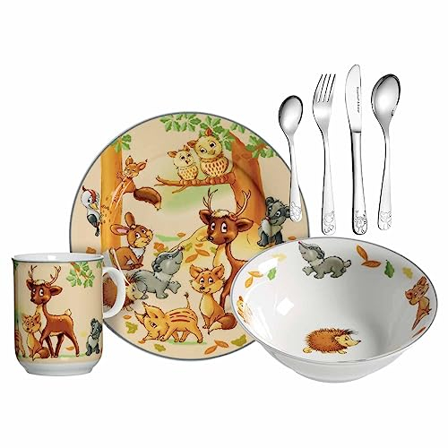 Ritzenhoff & Breker Vaisselle pour enfant avec couverts animaux de la forêt, 7 pièces, multicolore, bol, gobelet, assiette en porcelaine, fourchette, couteau, petite et grande fourchette en acier