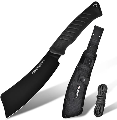TONIFE Hercules Full Tang 8Cr14MoV Couteau à lame fixe avec fourreau et paracorde, lame hachoir pour extérieur, camping, survie