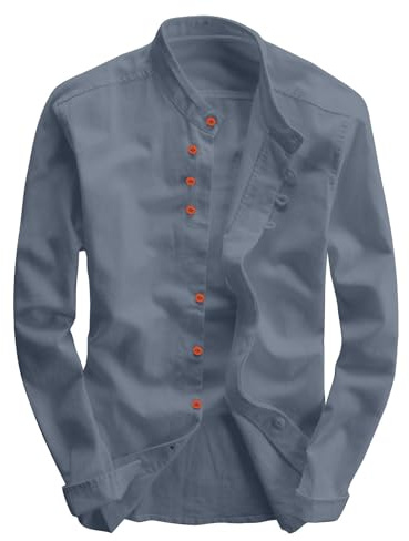 WAZHAKU Chemise en lin à manches longues Katana pour homme - Style japonais - Couleur unie - Décontractée - Respirant - Classique - Col montant - Coupe ajustée - Lin - Coton - Chemise de loisirs,