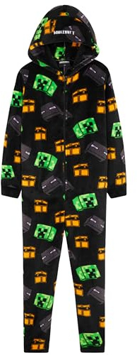 Minecraft Pijama Polar Entero con Capucha y Cremallera para Niño (Negro/Multi, 7-8 Años)