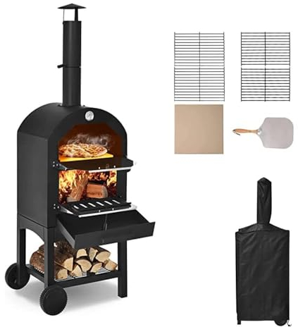Horno de pizza de leña para exteriores, horno de acero independiente con 2 ruedas, ideal para barbacoa, camping, fiesta en el patio trasero, horno de pizza al aire libre