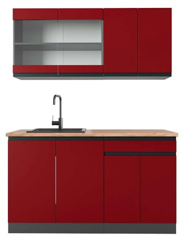 Vicco Singleküche R-Line, Rot, 140 cm | 4 Module · Höhenverstellbare Füße · AP Eiche inkl. · Robuste Fronten · Mit Glasschrank · Frei kombinierbar