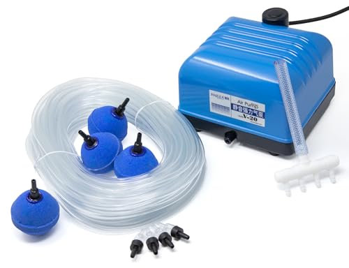 VIALIA Teichbelüfter V-20 Komplettset, 20W Pumpe, Belüftersteine, Schlauch und Luftverteiler, hoher Luftstrom, Robustes Aluminiumgehäuse und einfache Wartung