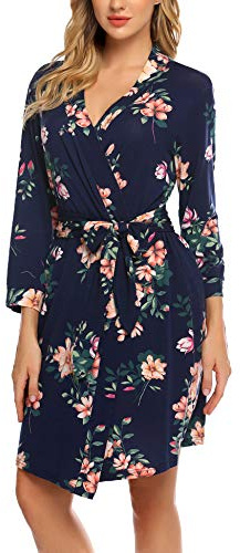 Ekouaer Dam morgonrock kort stickad badrock morgonrock damer myskläder V-ringad lätt mjuk kimono med fickor, Marinblommor, S