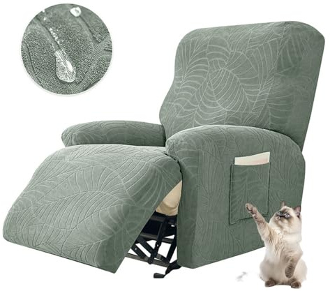 Chickwin Sesselabdeckung für Relaxsessel, Fernsehsessel Bezug mit Taschen Sesselschoner für Fernsehsessel Sesselschoner mit Armlehne, Wasserdicht Blatt-Jacquard (1 Sitz, Salbei-Grün)
