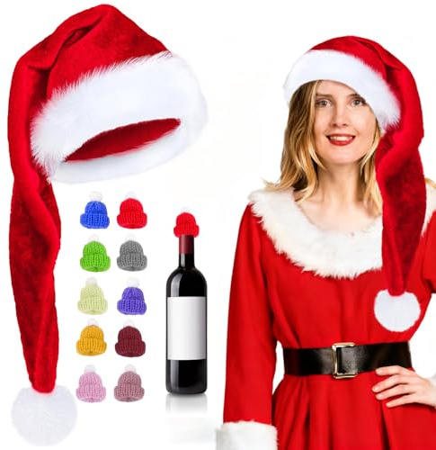 Capgoost Weihnachtsmütze Lang, Nikolausmütze Plüsch, Weihnachtsmützen Erwachsene, Santa Hat mit 10 Stück Mini Weihnachtsmütze für Flaschen, Weihnachtsmann Mütze, Santa Clause Mütze für Damen Herren
