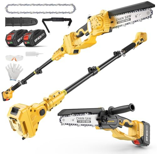 APROTII Akku-Hochentaster, 6-Zoll bürstenlose Mini-Kettensäge mit 2x 4000mAh Akkus & Ladegerät, elektrische Teleskop-Astsäge, 180° schwenkbarer Motorkopf, verstellbare Teleskopstange bis 2,8m