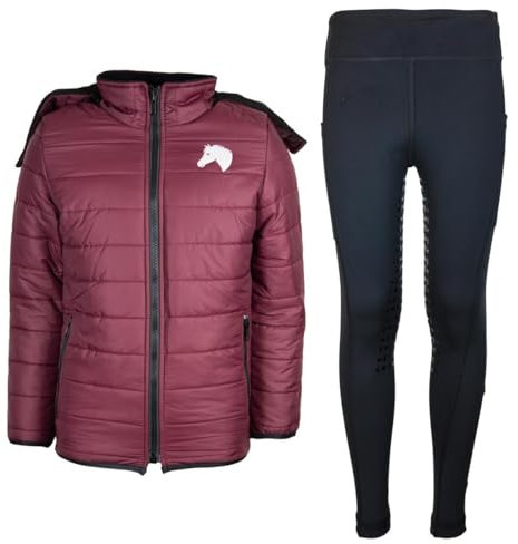 MS-Trachten Reitset Winter Kinder Reitjacke Moni Maroon gesteppt mit Reitleggings Amy Schwarz (122/128)