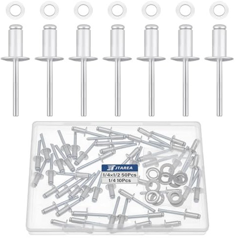 JTAREA 60 Pièces Rivets Aveugles en Aluminium 6,4 × 12,7 mm avec Rondelles Rivet à Bout Ouvert Rivets Pop Tete Large (Argent)