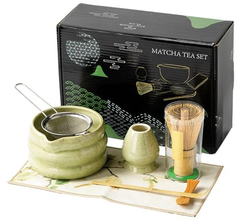 Set of 7 Matcha Tea Set with Whisk and Bowl Matcha Kit for Ceremony Matcha Whisk, Gift for Matcha Lover(Matcha Green)