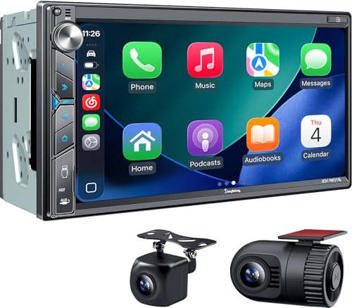 SJoyBring Double Din Car Stereo with Dash Cam, Wireless Apple CarPlay & Android Auto, 240W 4.2CHN, 7 Touchscreen, SWC, Bluetooth, FM/AM Car Radio, 2 Subwoofers Outputs, Backup Camera