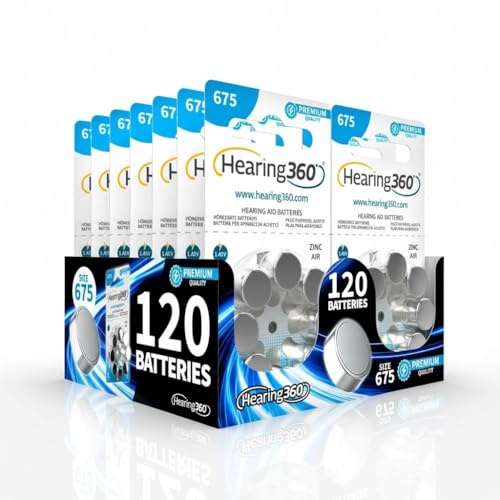 Hearing360 120 batterie per apparecchi acustici misura 675 qualità premium, durata extra, compatibili con tutti i modelli, senza mercurio (15 blister da 8 pile)