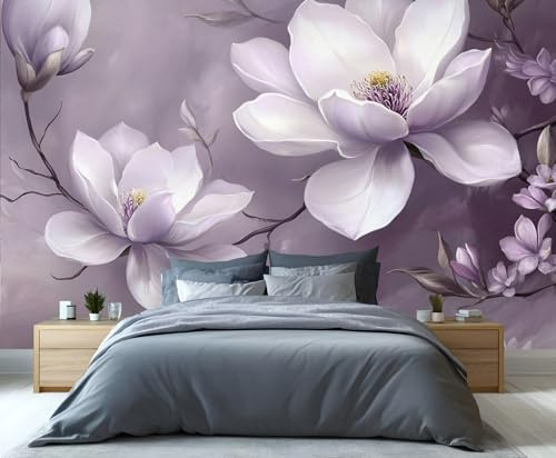 YXQAIED Elegant Magnolia Wallpaper for Living Room, Classical Lilac Flowers Wall Mural, European Pastoral Wallpaper, Renter Friendly Removable Non-Woven Photo Wall Paper 3D, 100x70cm