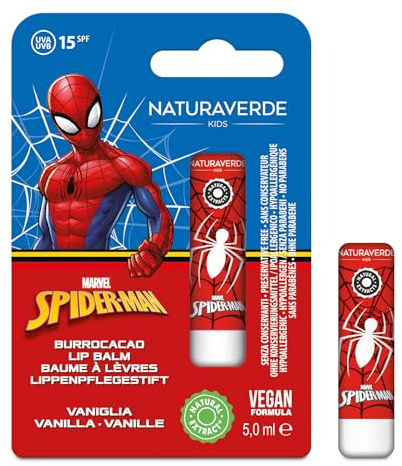 NATURAVERDE Kids -SPIDERMAN Burrocacao Vaniglia 5ml, Idratante e Protettivo con SPF 15, Ipoallergenico